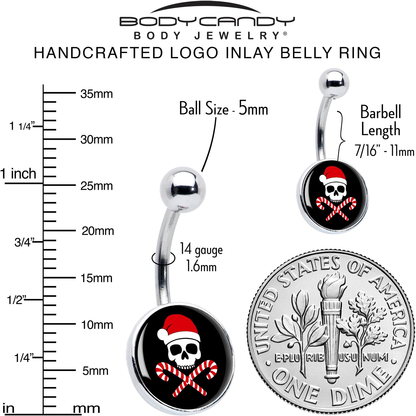 Santa Pirate Candy Cane Skull Belly Ring by Onyx O