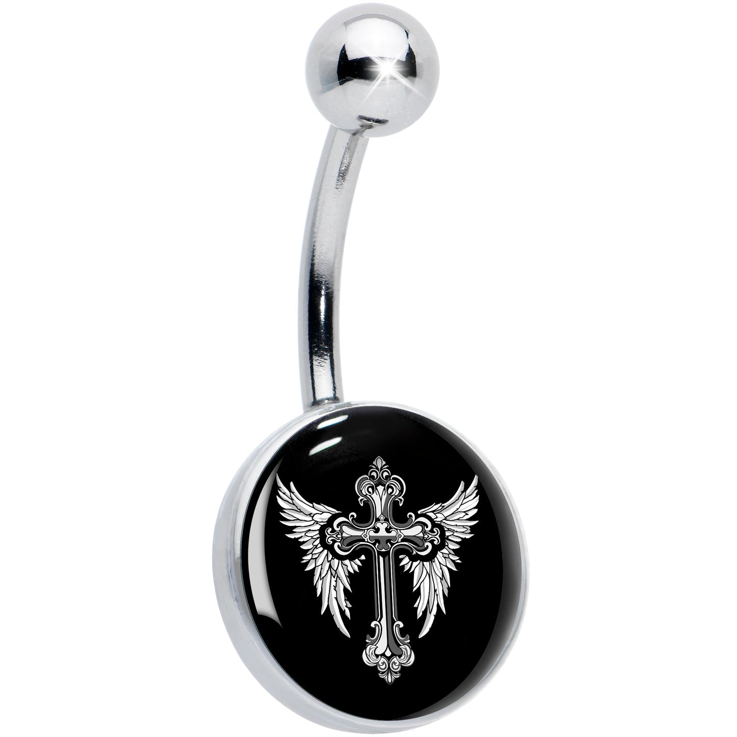 Black White Winged Cross Belly Ring by Onyx O