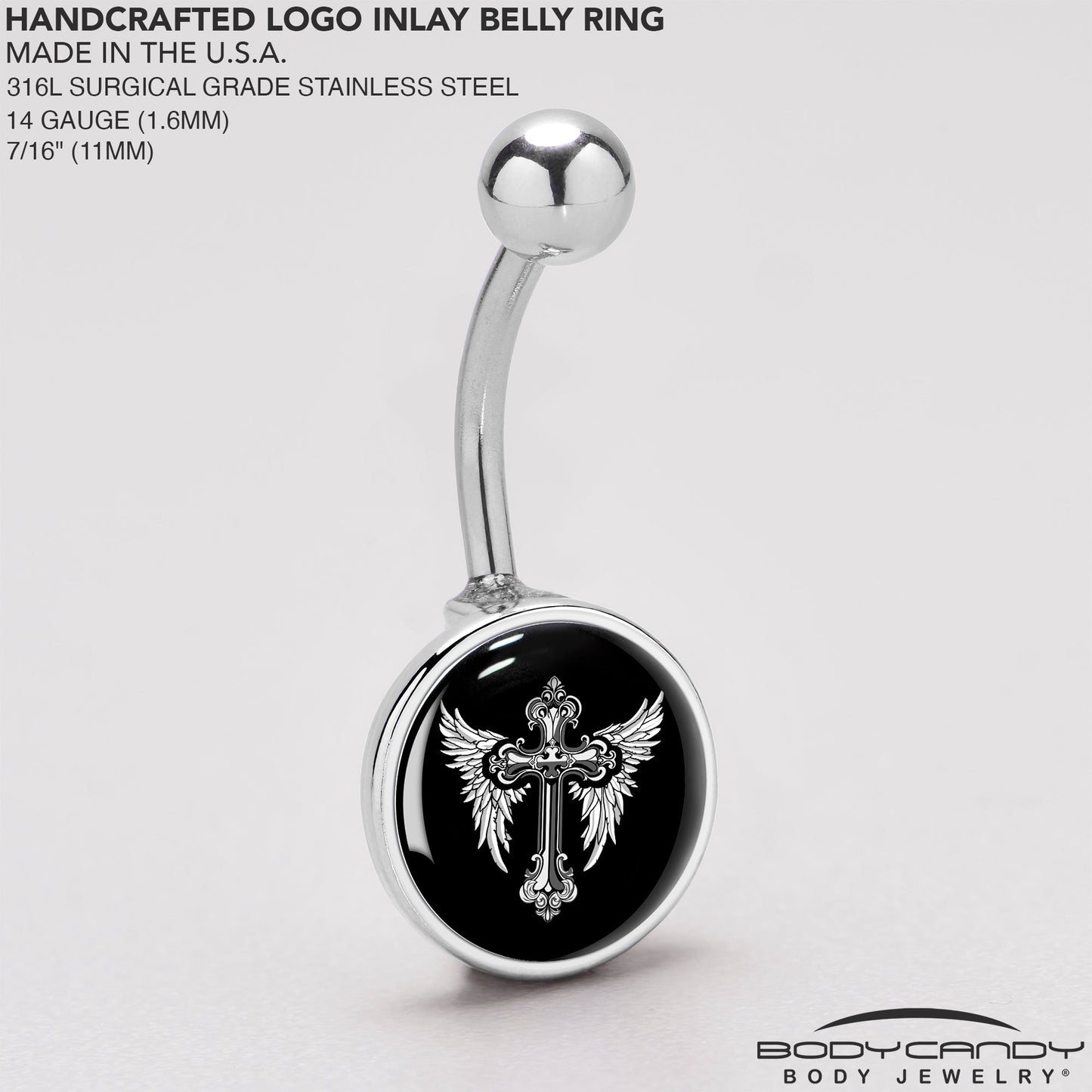 Black White Winged Cross Belly Ring by Onyx O