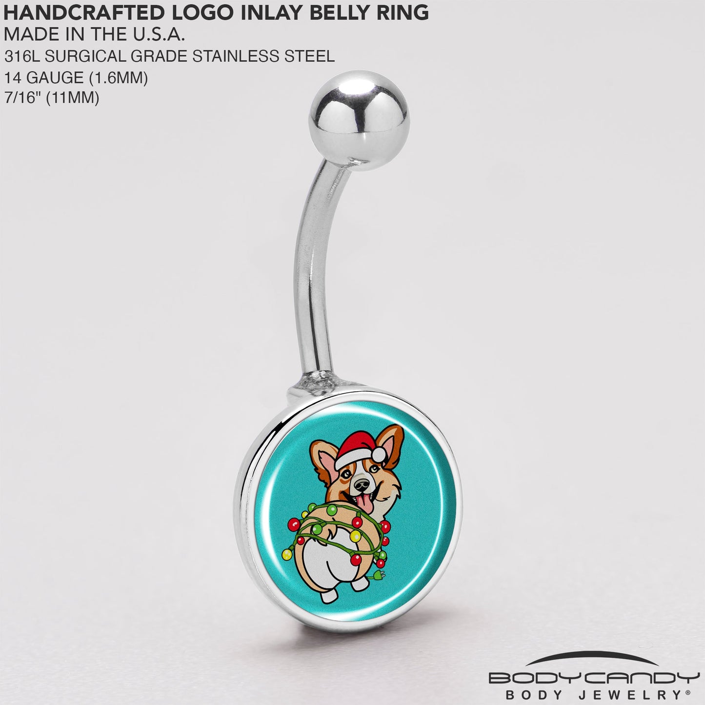 Christmas Holiday Lights Corgi Dog Belly Ring by Onyx O