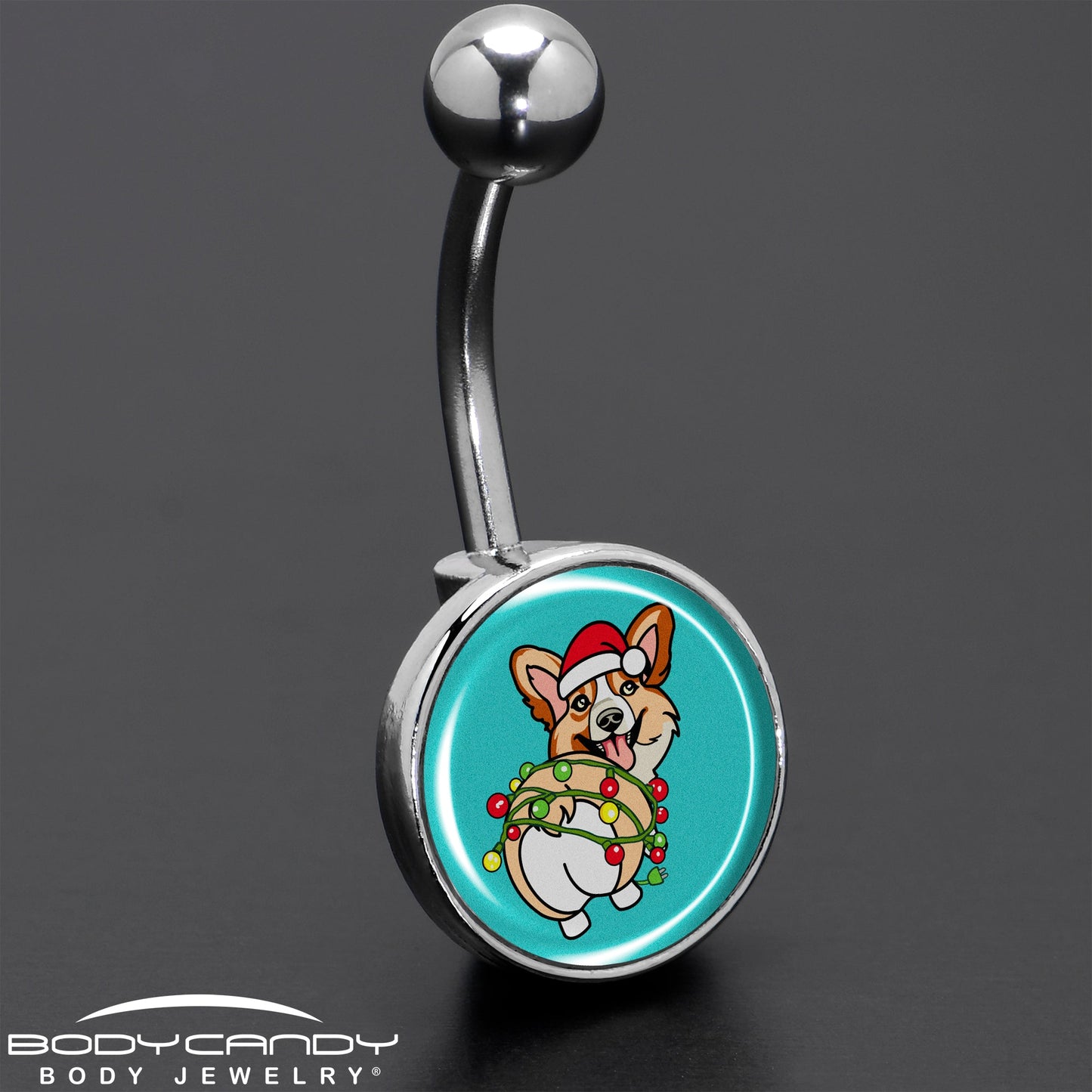 Christmas Holiday Lights Corgi Dog Belly Ring by Onyx O