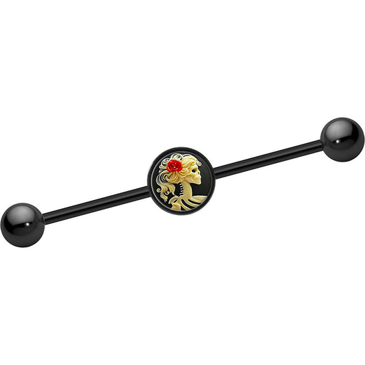 14G Black Anodized Red Rose Flower Skeleton Cameo Industrial Bar 37mm