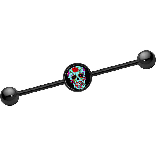 14G Black Anodized Sugar Skull Industrial Barbell 37mm