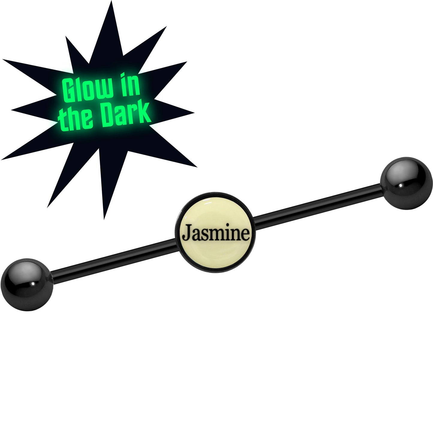 Custom Glow in the Dark Personalized Industrial Barbell in Black Titanium