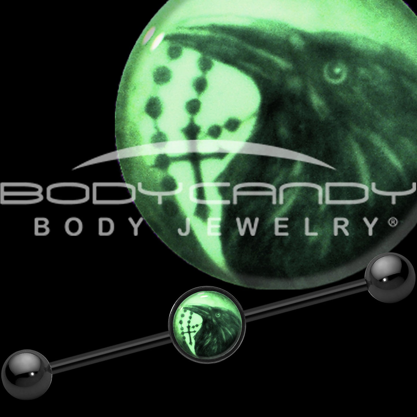 14G Black Glow in the Dark Raven Cross Industrial Barbell 37mm