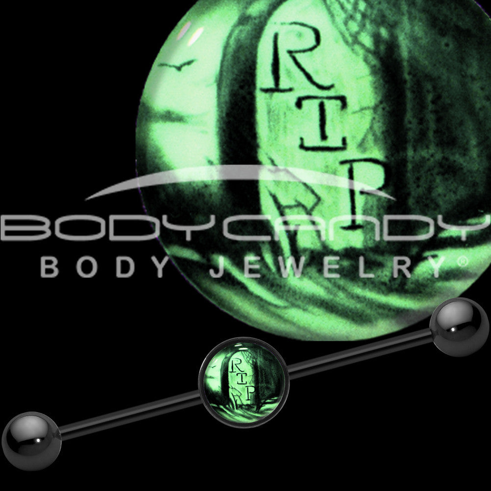 14G Black Glow in the Dark RIP Tombstone Industrial Barbell 37mm