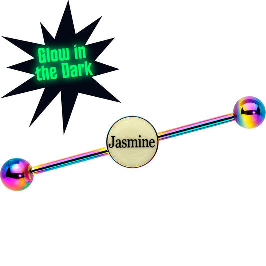 Custom Glow in the Dark Personalized Industrial Barbell in Rainbow Titanium