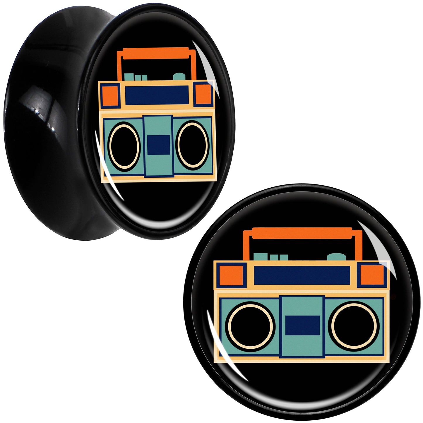 Black Acrylic Retro Boombox Double Flare Plug Set by Onyx O