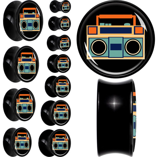 Black Acrylic Retro Boombox Double Flare Plug Set by Onyx O