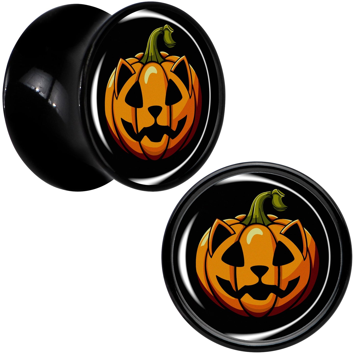 Orange Pumpkin Cat Jack-O-Lantern Black Acrylic Saddle Plug Set by Onyx O