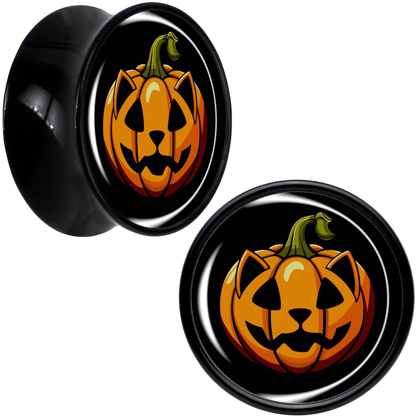 Orange Pumpkin Cat Jack-O-Lantern Black Acrylic Saddle Plug Set by Onyx O