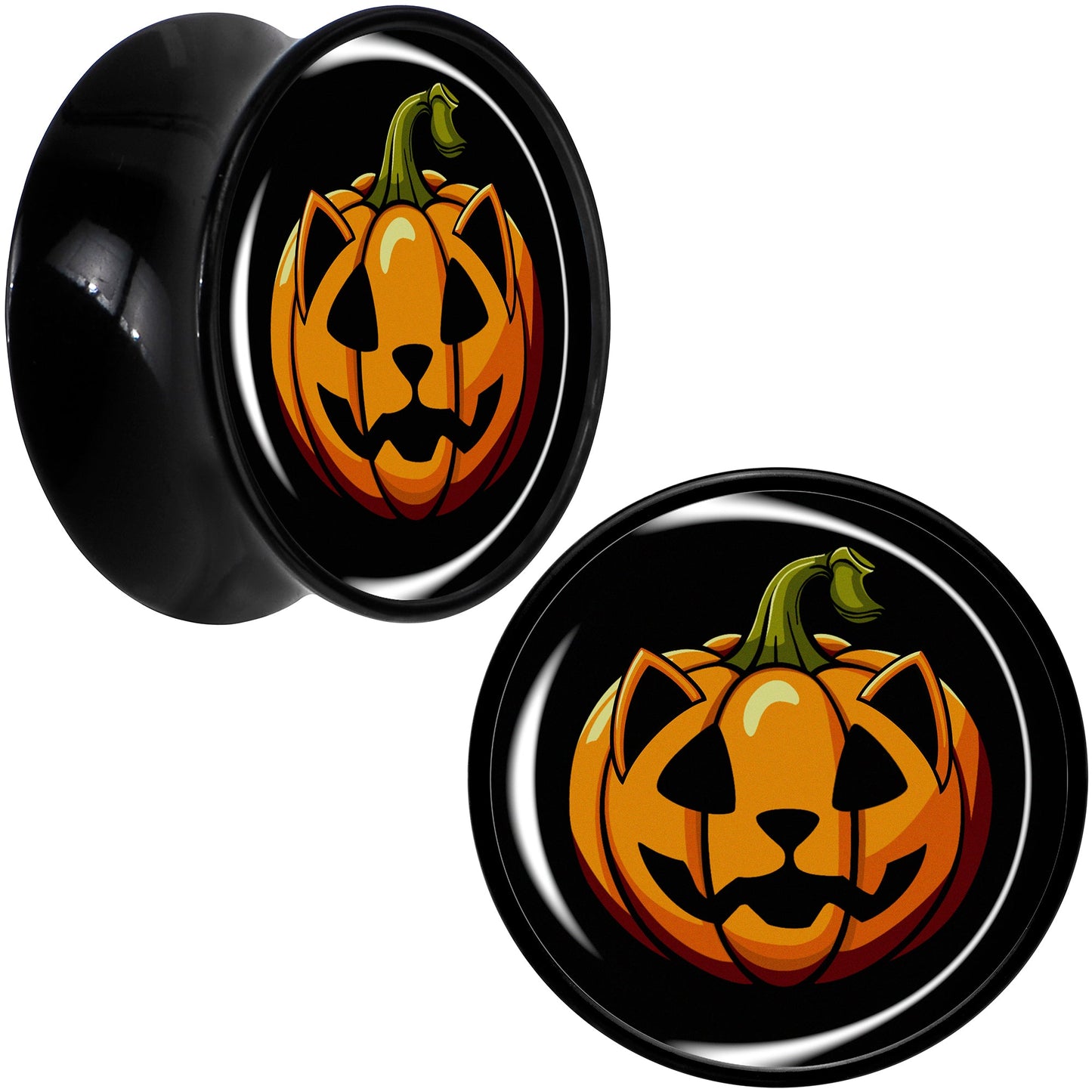 Orange Pumpkin Cat Jack-O-Lantern Black Acrylic Saddle Plug Set by Onyx O