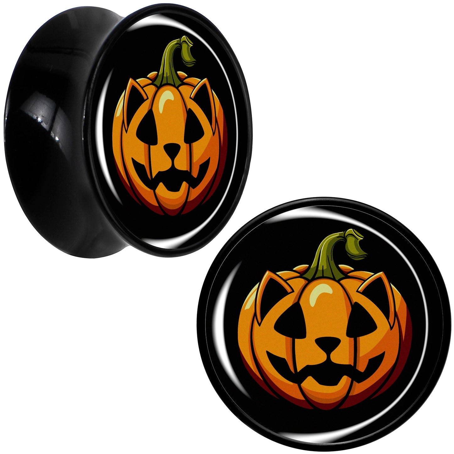 Orange Pumpkin Cat Jack-O-Lantern Black Acrylic Saddle Plug Set by Onyx O
