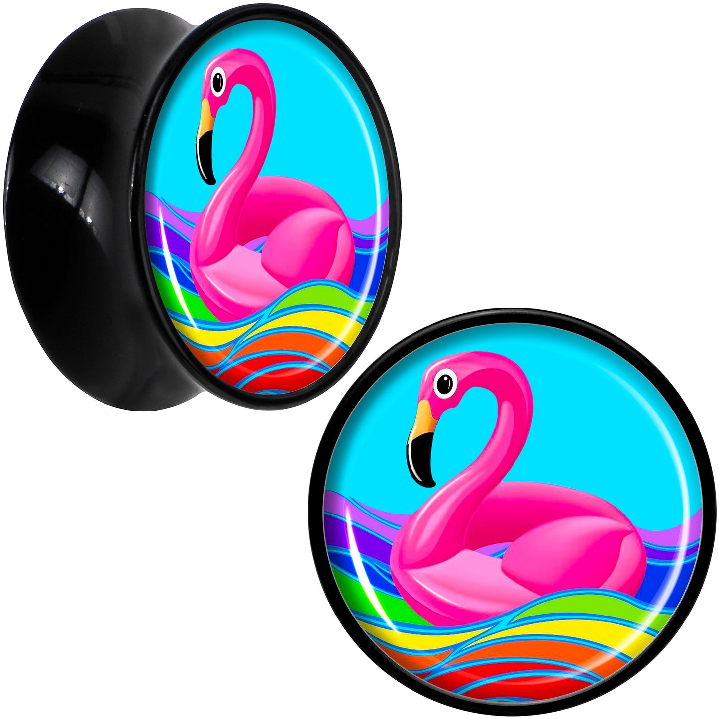Black Acrylic Rainbow Sea Floating Flamingo Double Flare Plug Set by Onyx O
