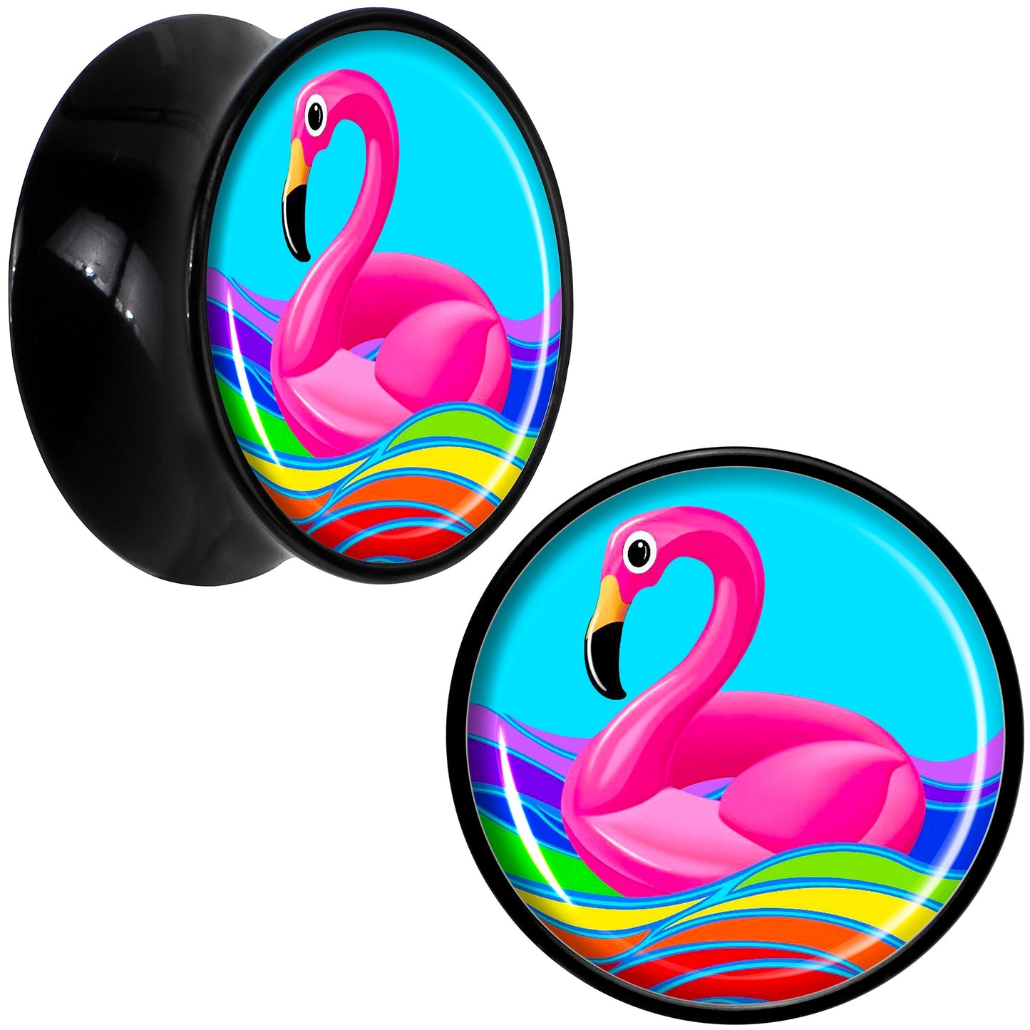 Black Acrylic Rainbow Sea Floating Flamingo Double Flare Plug Set by Onyx O