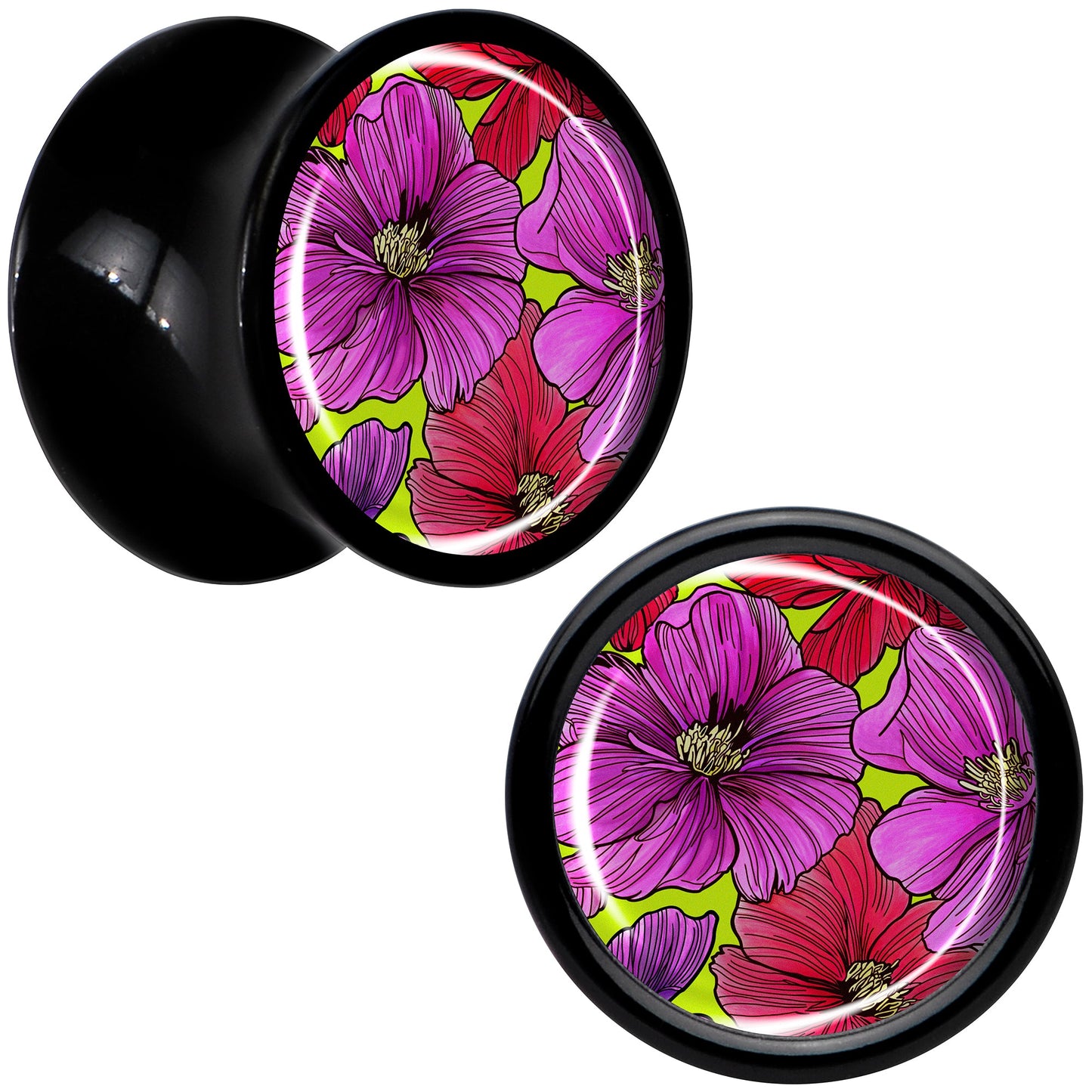Blossom Creation Tropical Floral Flowers Black Acrylic Saddle Plug Set by Onyx O