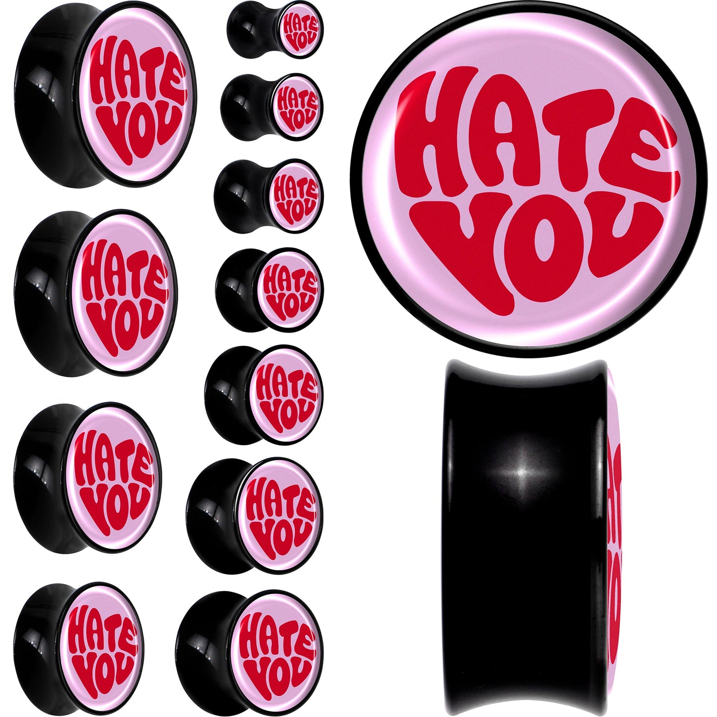 Retro Text Hate You Black Acrylic Saddle Plug Set by Onyx O