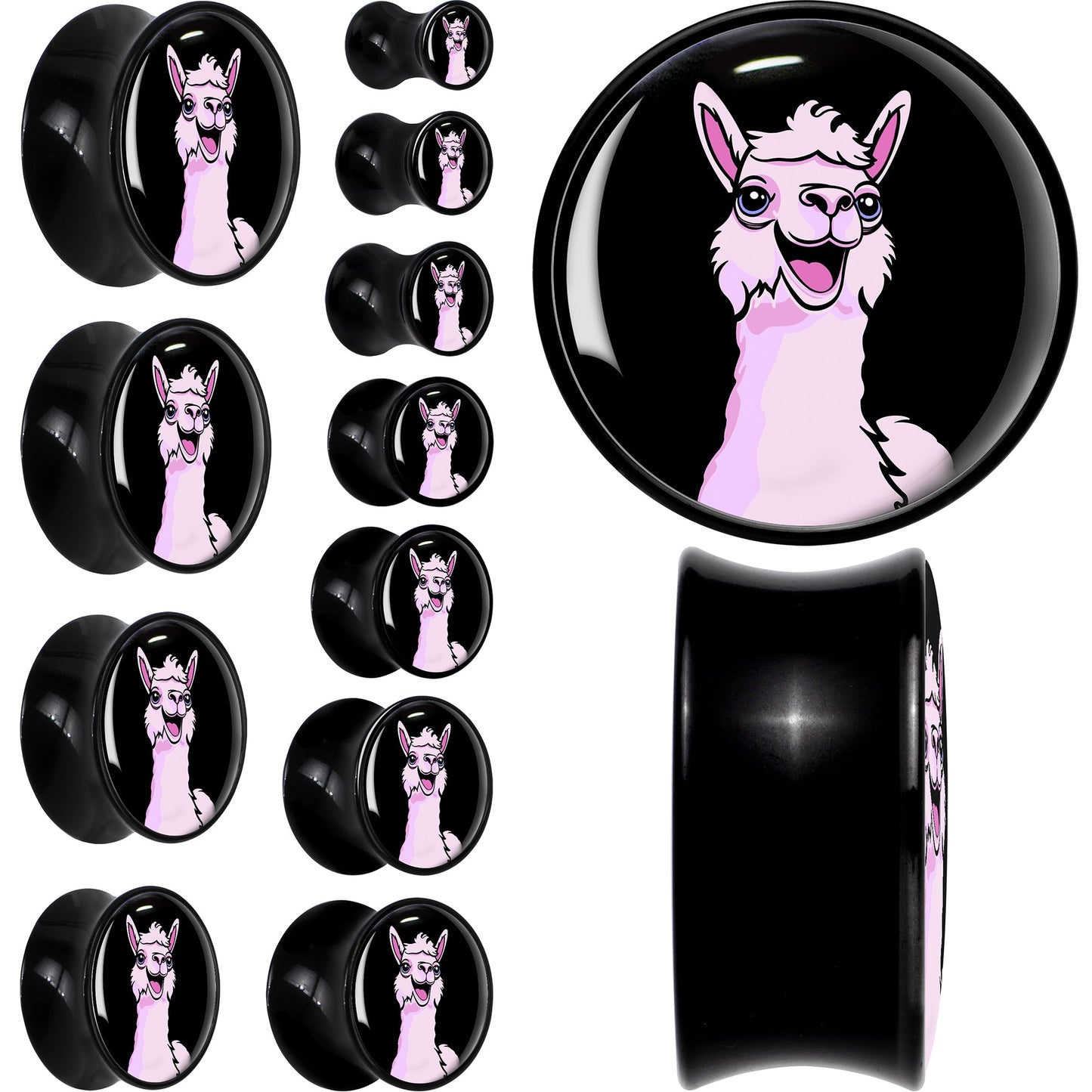 Pink Happy Llama Black Acrylic Saddle Plug Set 8mm to 20mm by Onyx O