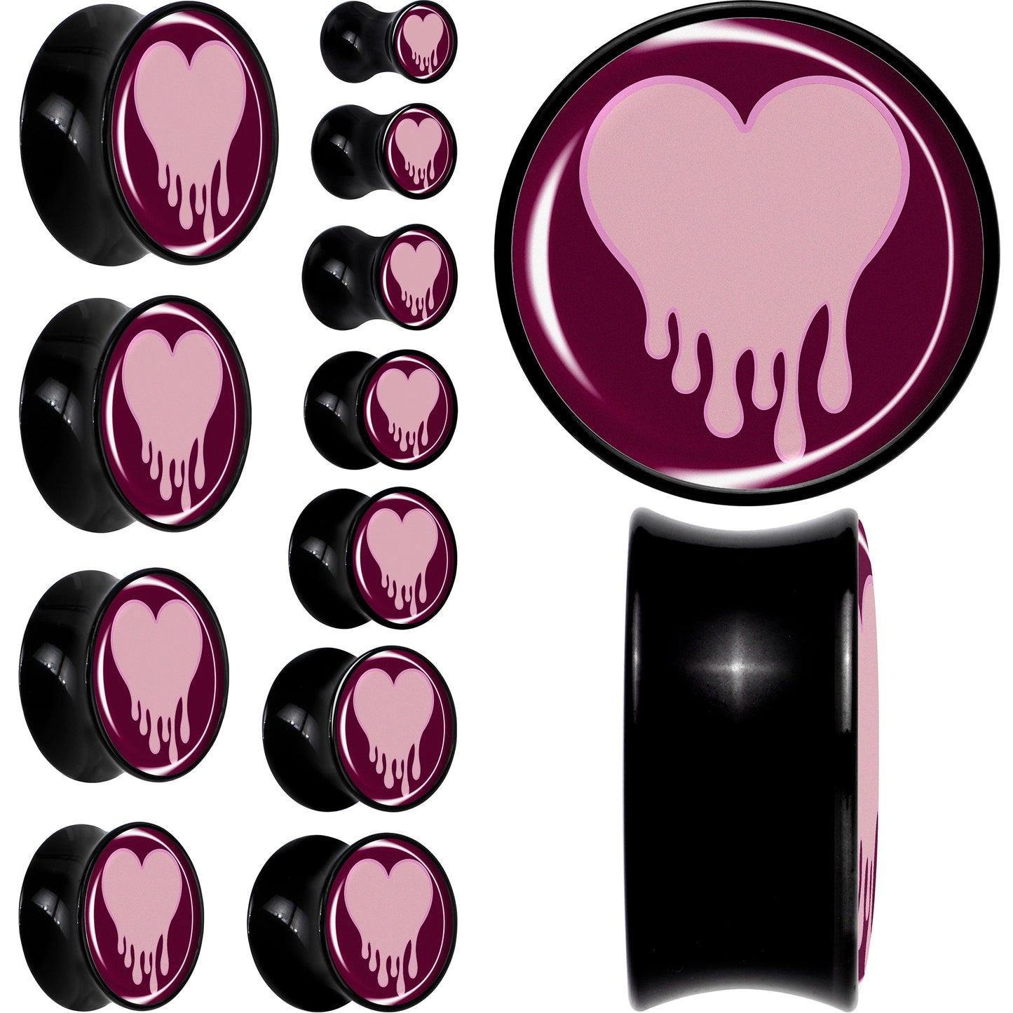 Pinkish Melting Heart Black Acrylic Saddle Plug Set by Onyx O