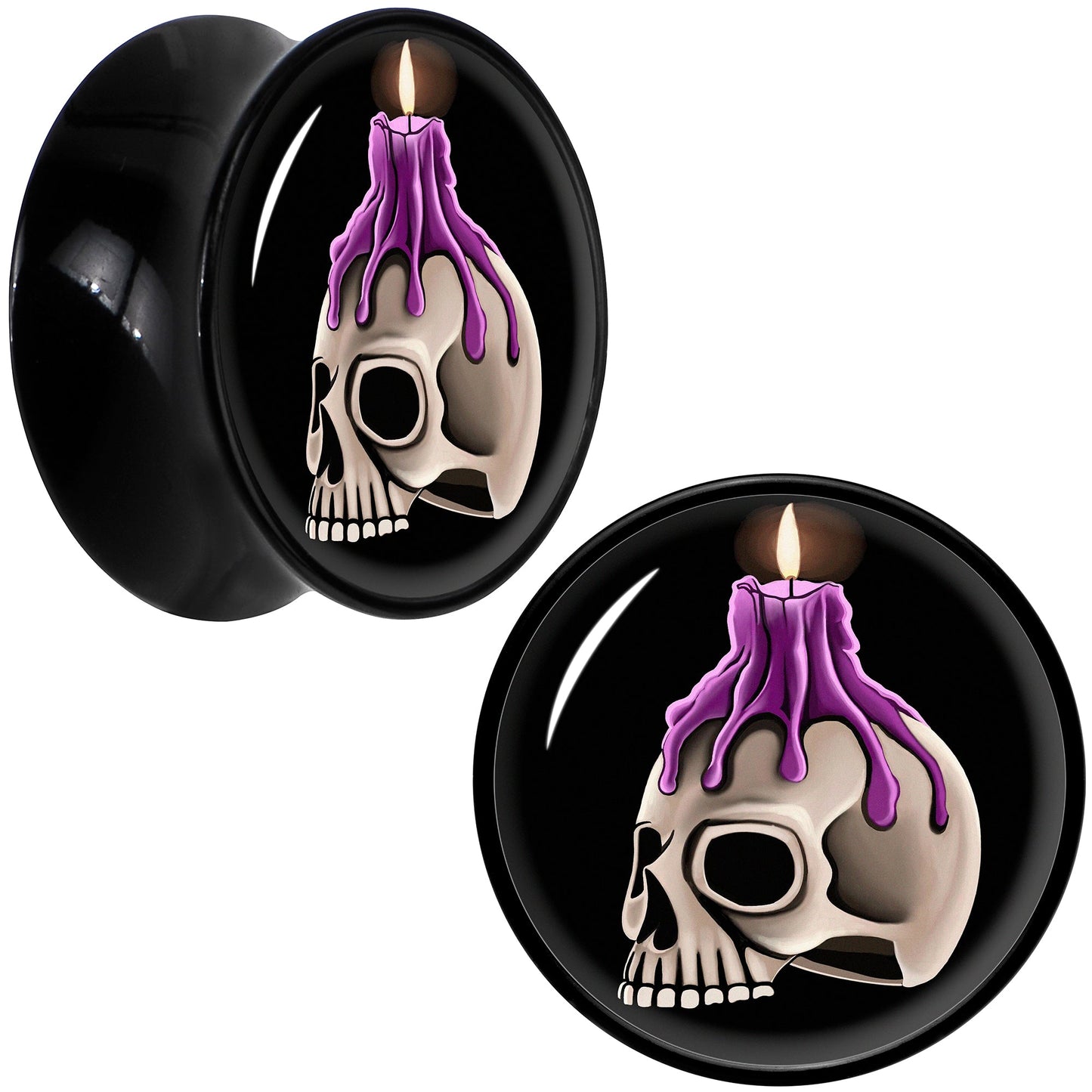 Black Acrylic Burning Skull Candle Double Flare Plug Set by Onyx O