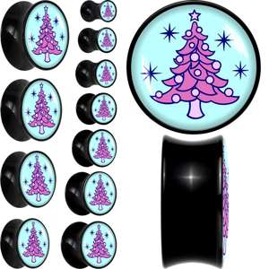 Pastel Christmas Tree Holiday Black Acrylic Saddle Plug Set by Onyx O