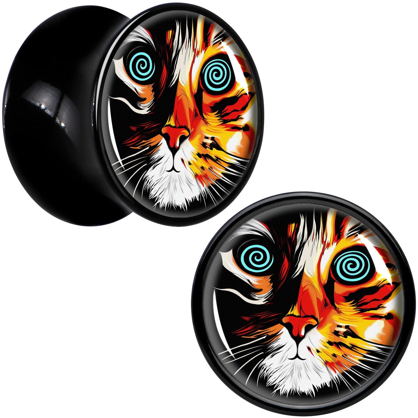 Colorful Trippy Cat Black Acrylic Saddle Plug Set 8mm to 20mm by Onyx O