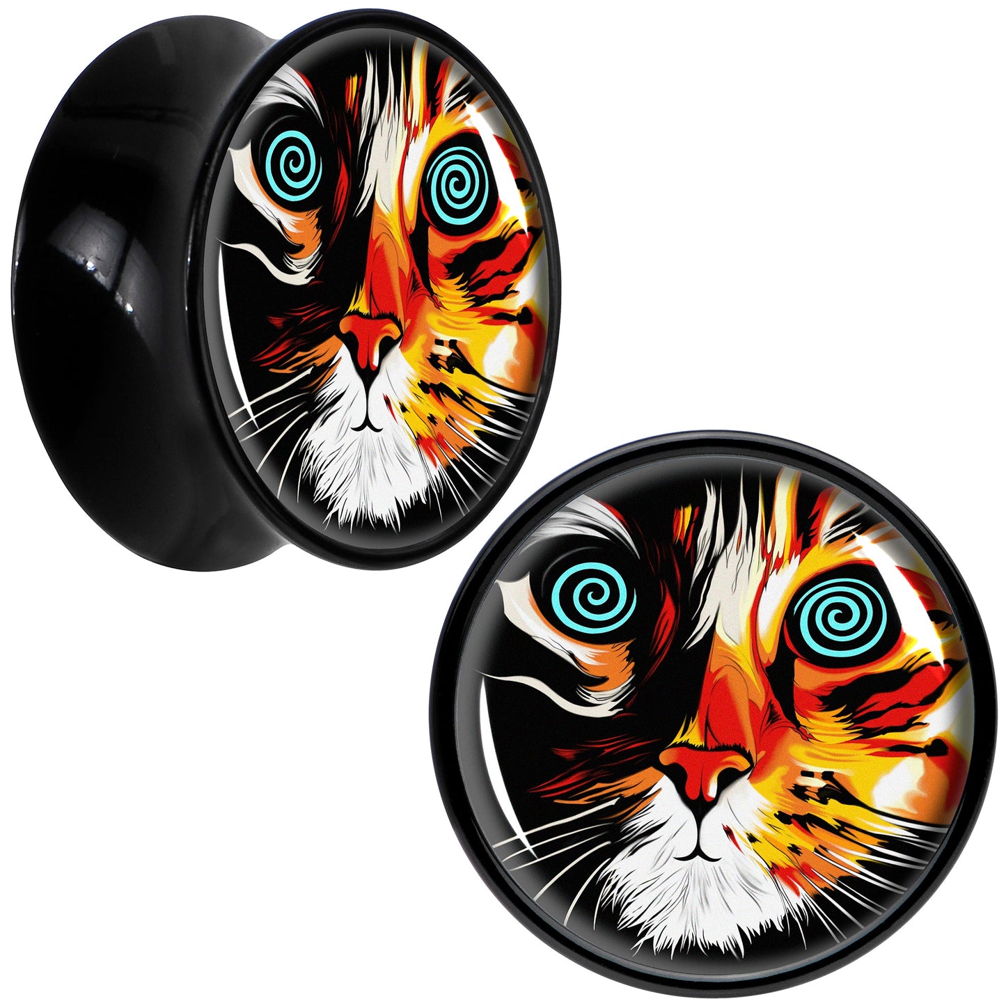 Colorful Trippy Cat Black Acrylic Saddle Plug Set 8mm to 20mm by Onyx O