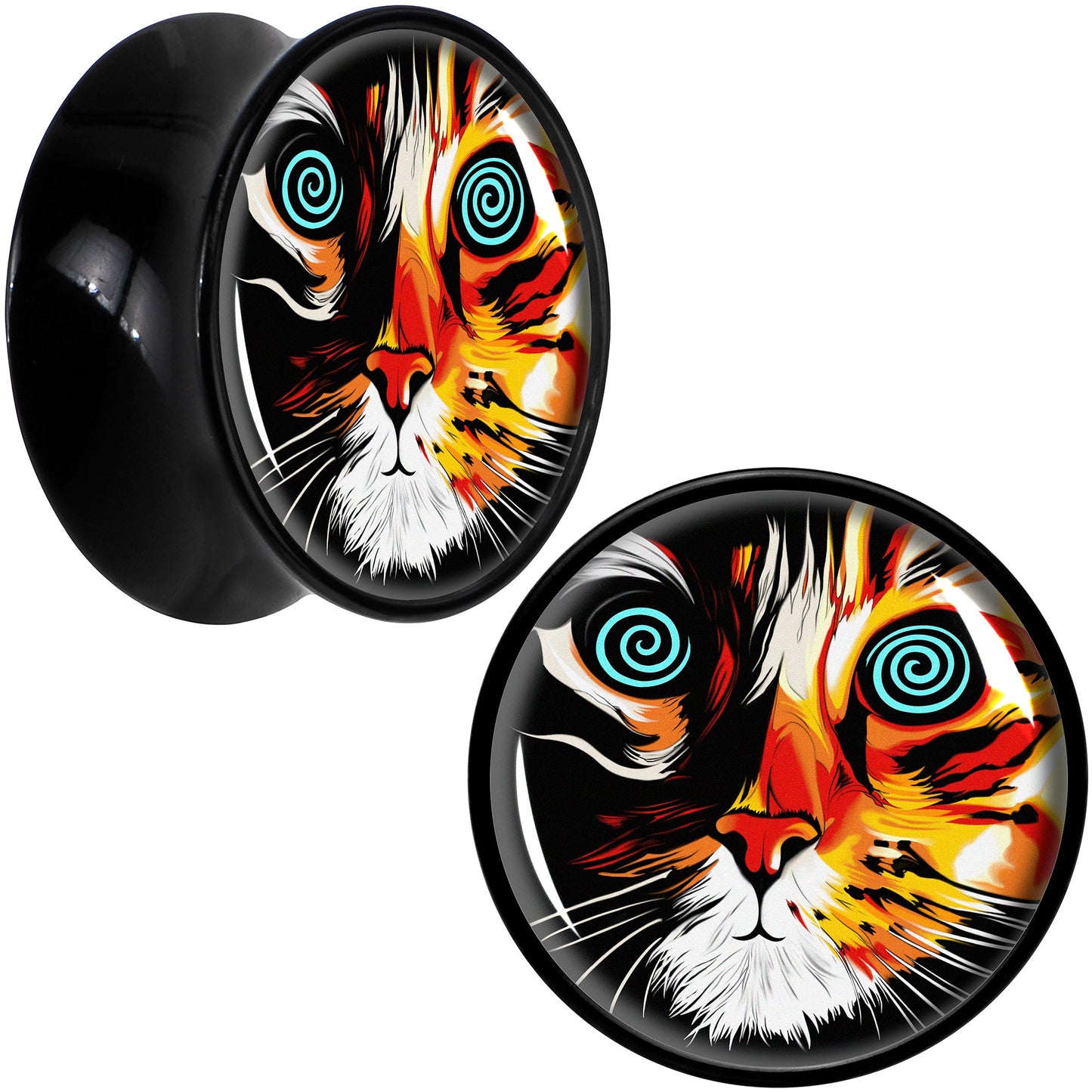 Colorful Trippy Cat Black Acrylic Saddle Plug Set 8mm to 20mm by Onyx O