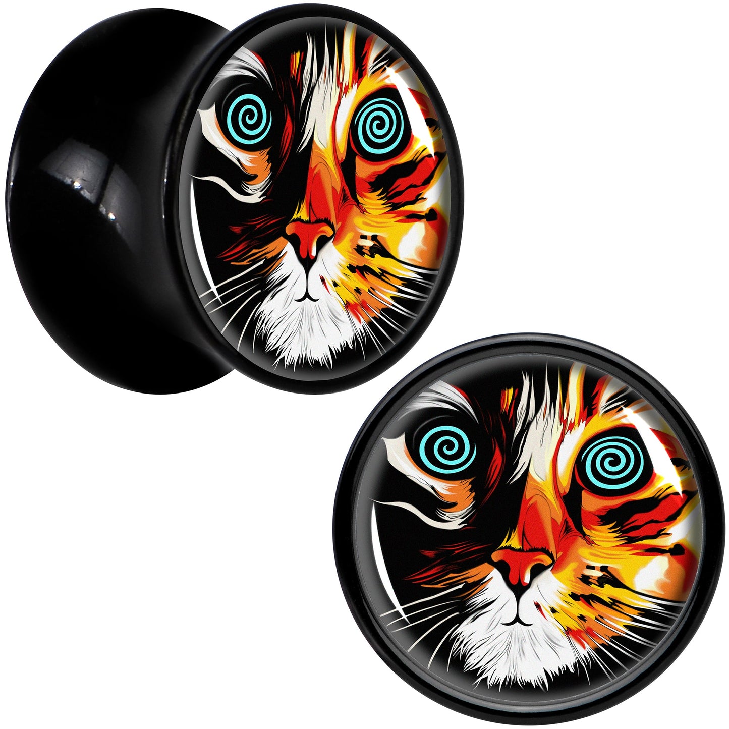 Colorful Trippy Cat Black Acrylic Saddle Plug Set 8mm to 20mm by Onyx O
