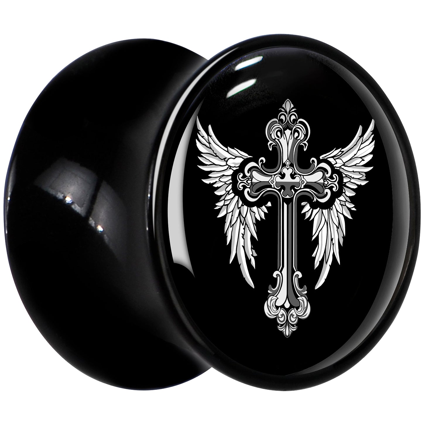 0G Black White Winged Cross Black Acrylic Saddle Plug Set by Onyx O