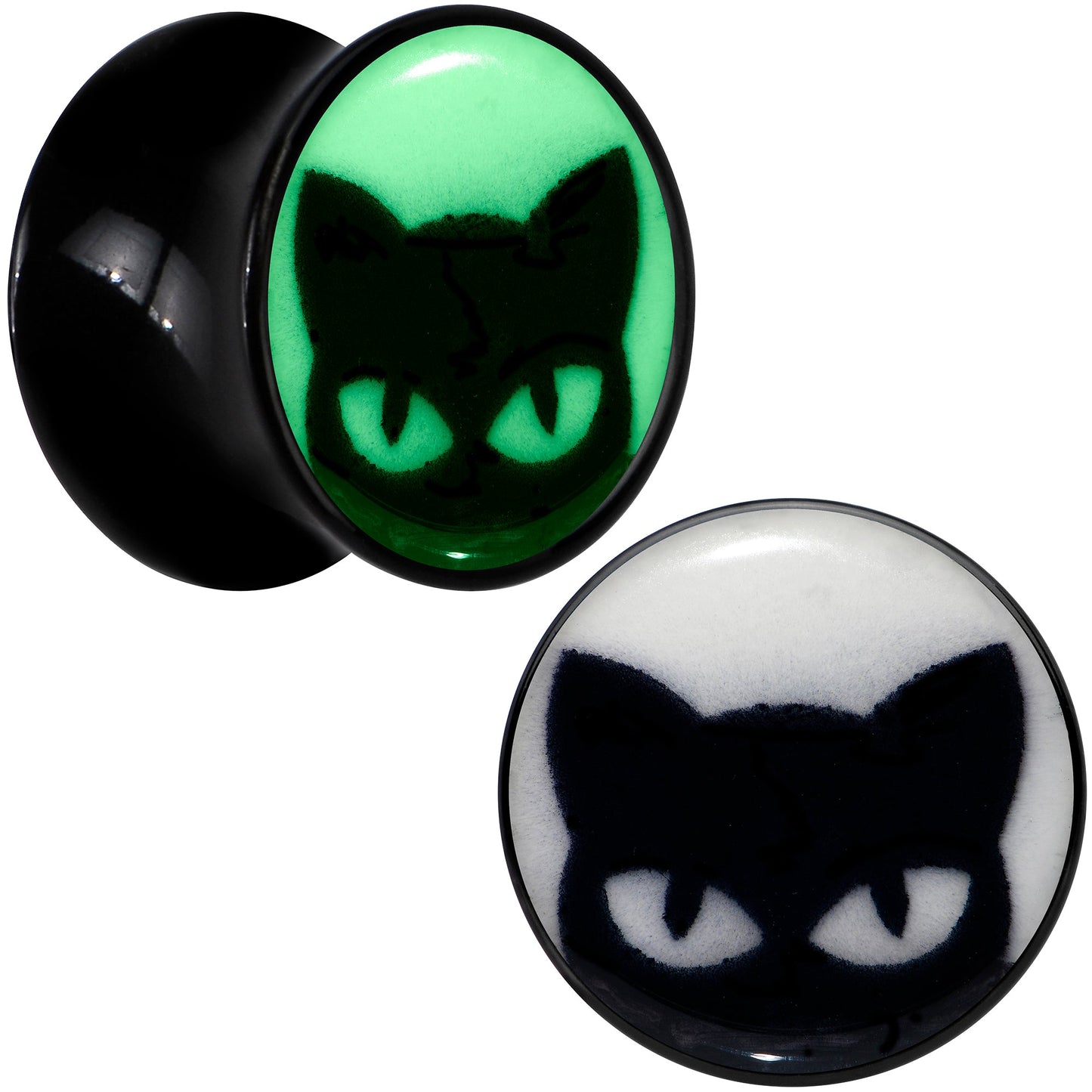 Black Acrylic Glow in the Dark Peeking Cat Double Flare Plug Set by Onyx O