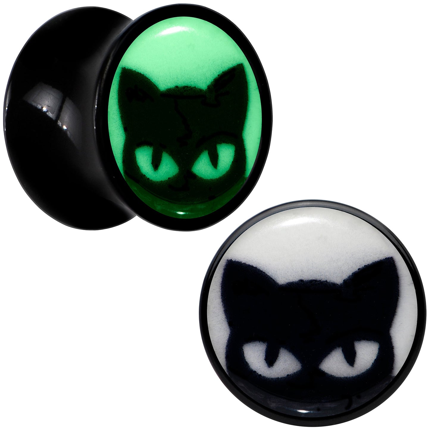 Black Acrylic Glow in the Dark Peeking Cat Double Flare Plug Set by Onyx O