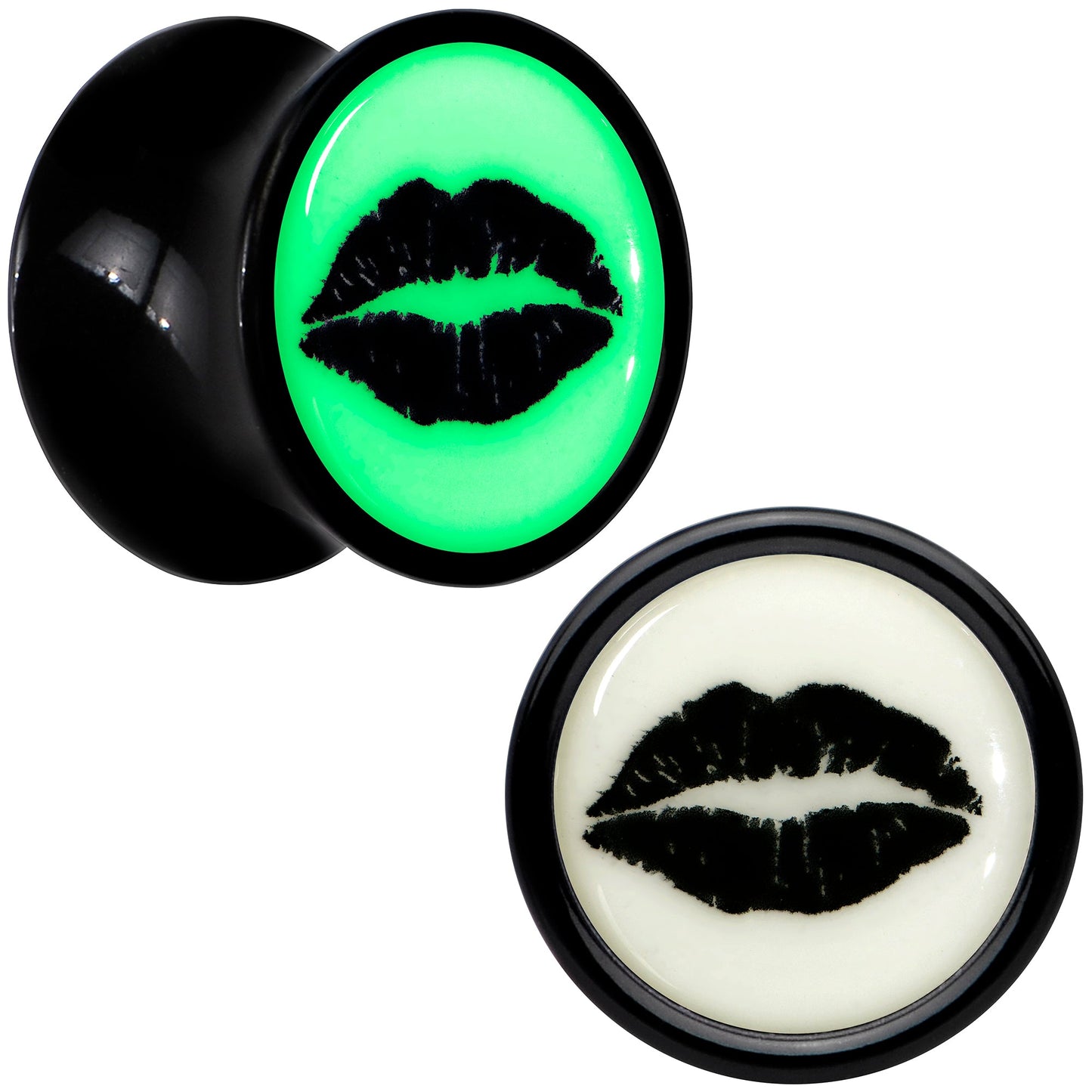 Black Acrylic Lipstick Kiss Glow in Dark Double Flare Plug Set by Onyx O