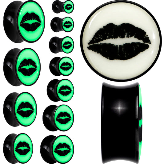 Black Acrylic Lipstick Kiss Glow in Dark Double Flare Plug Set by Onyx O