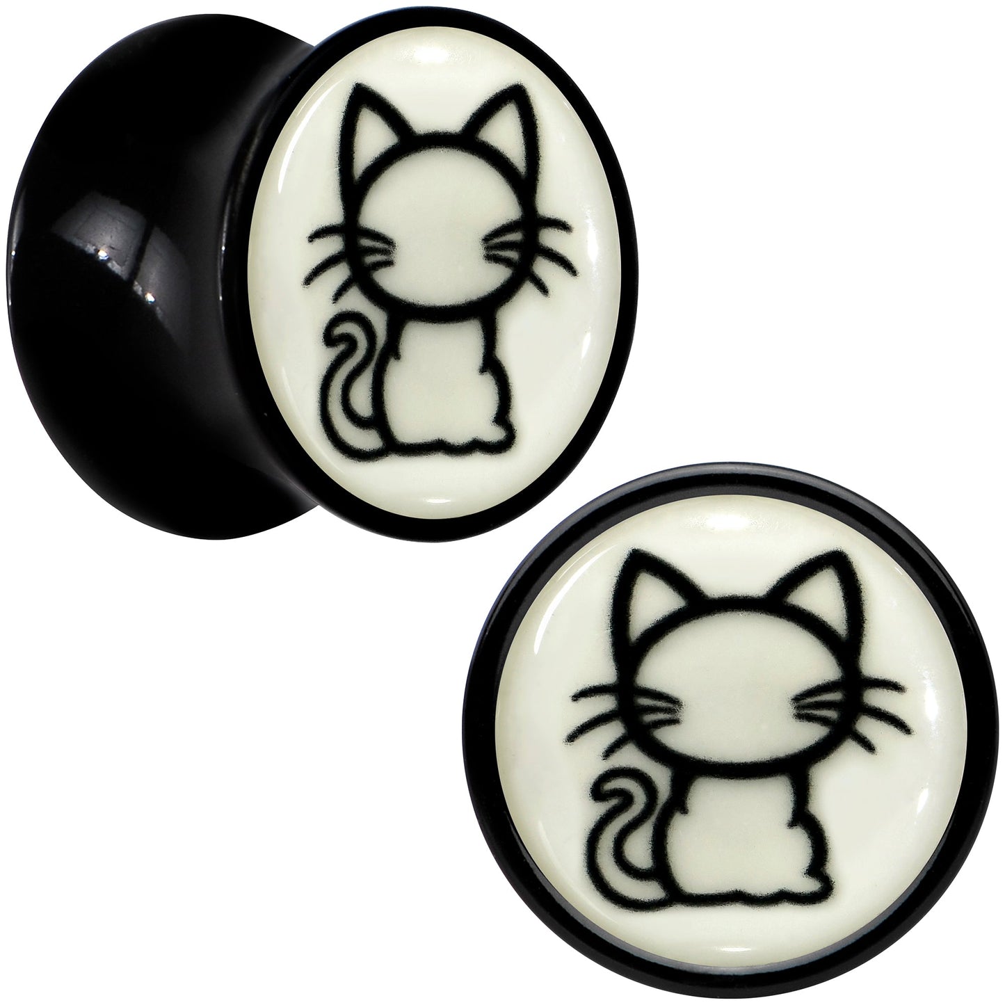 Glow in the Dark Kitty Cat Black Acrylic Saddle Plug Set 8mm to 20mm by Onyx O