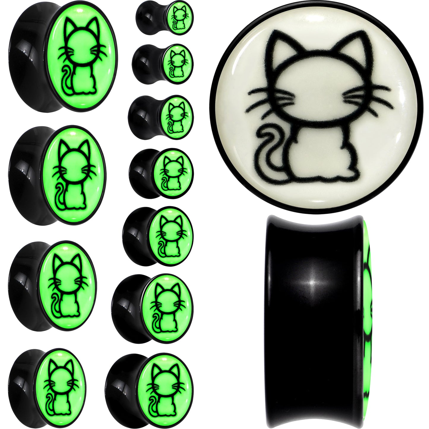 Glow in the Dark Kitty Cat Black Acrylic Saddle Plug Set 8mm to 20mm by Onyx O