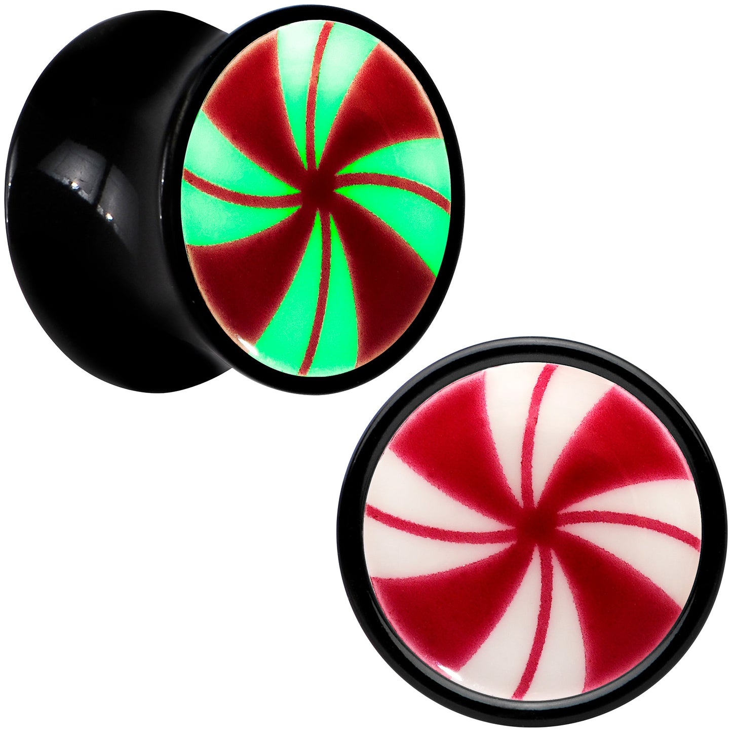 Black Acrylic Peppermint Candy Glow in Dark Double Flare Plug Set by Onyx O