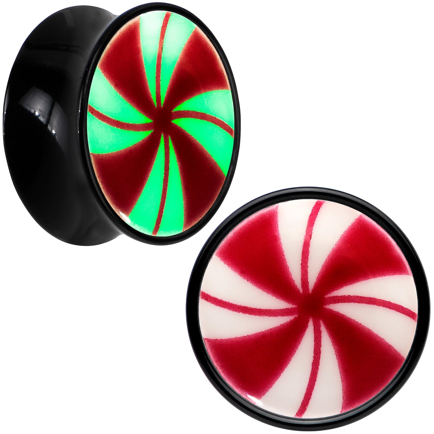 Black Acrylic Peppermint Candy Glow in Dark Double Flare Plug Set by Onyx O