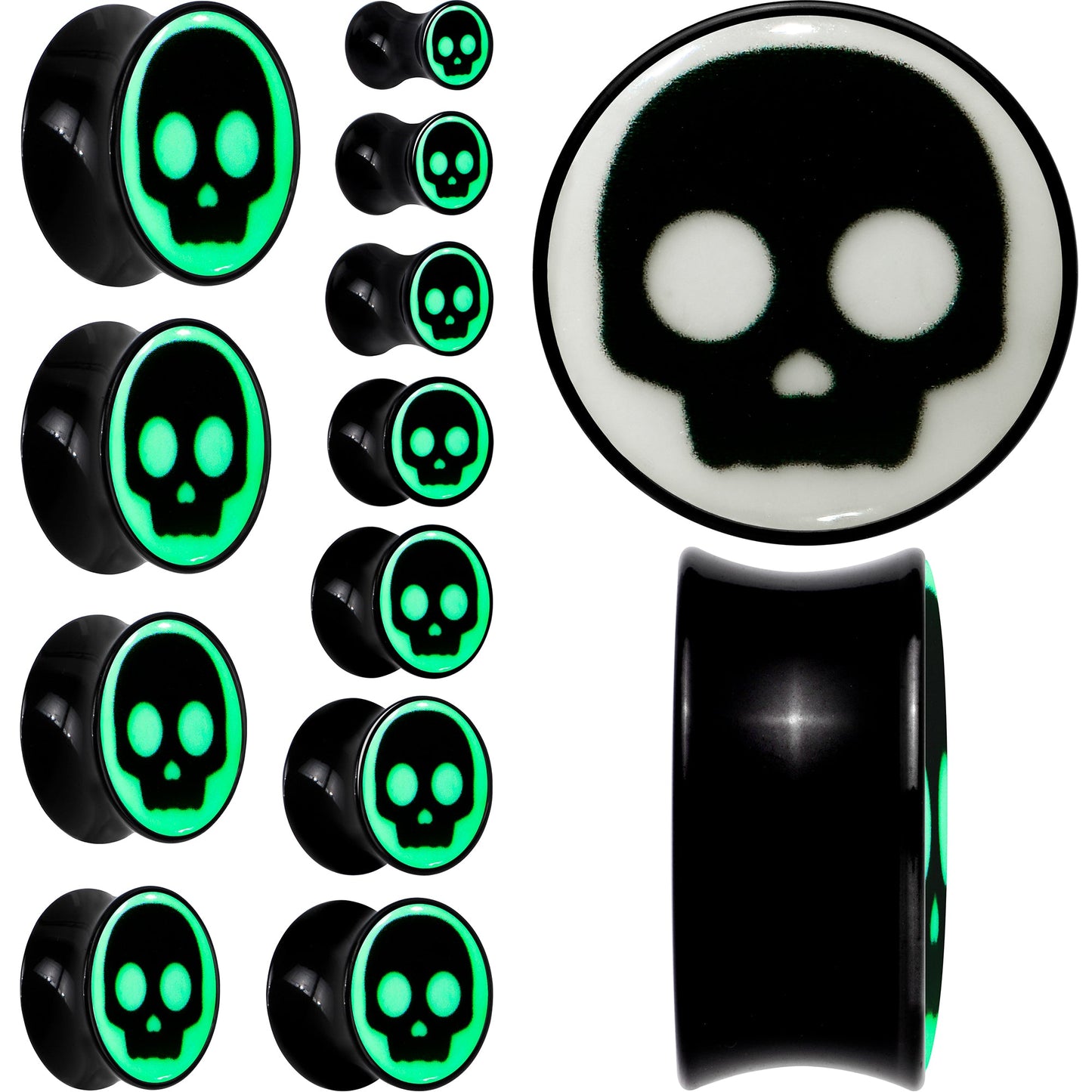 0G Glow in the Dark Simple Skull Black Acrylic Saddle Plug Set by Onyx O