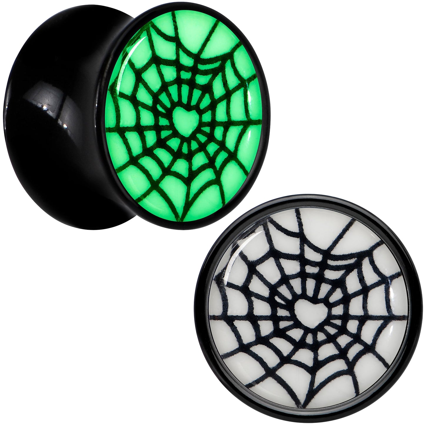 Black Acrylic Heart Spider Web Glow in the Dark Double Flare Plug Set by Onyx O