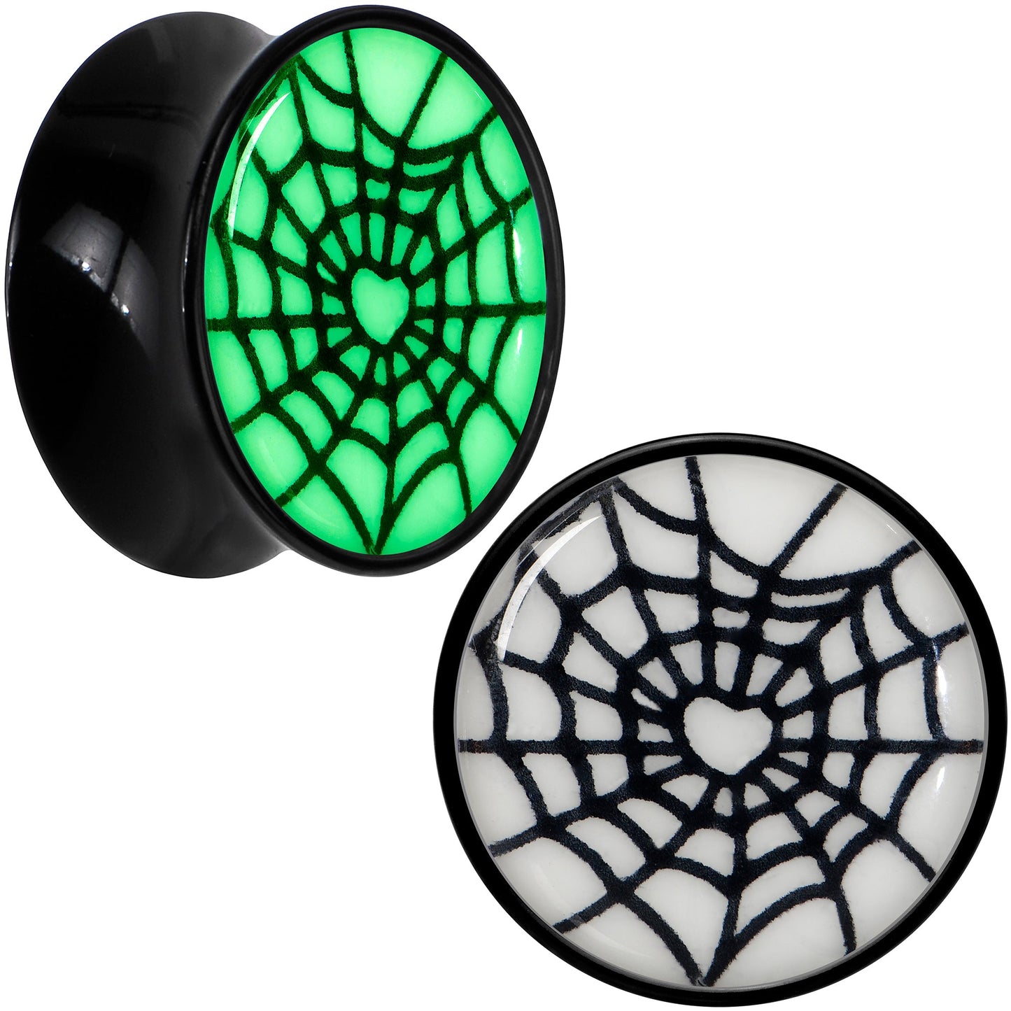 Black Acrylic Heart Spider Web Glow in the Dark Double Flare Plug Set by Onyx O