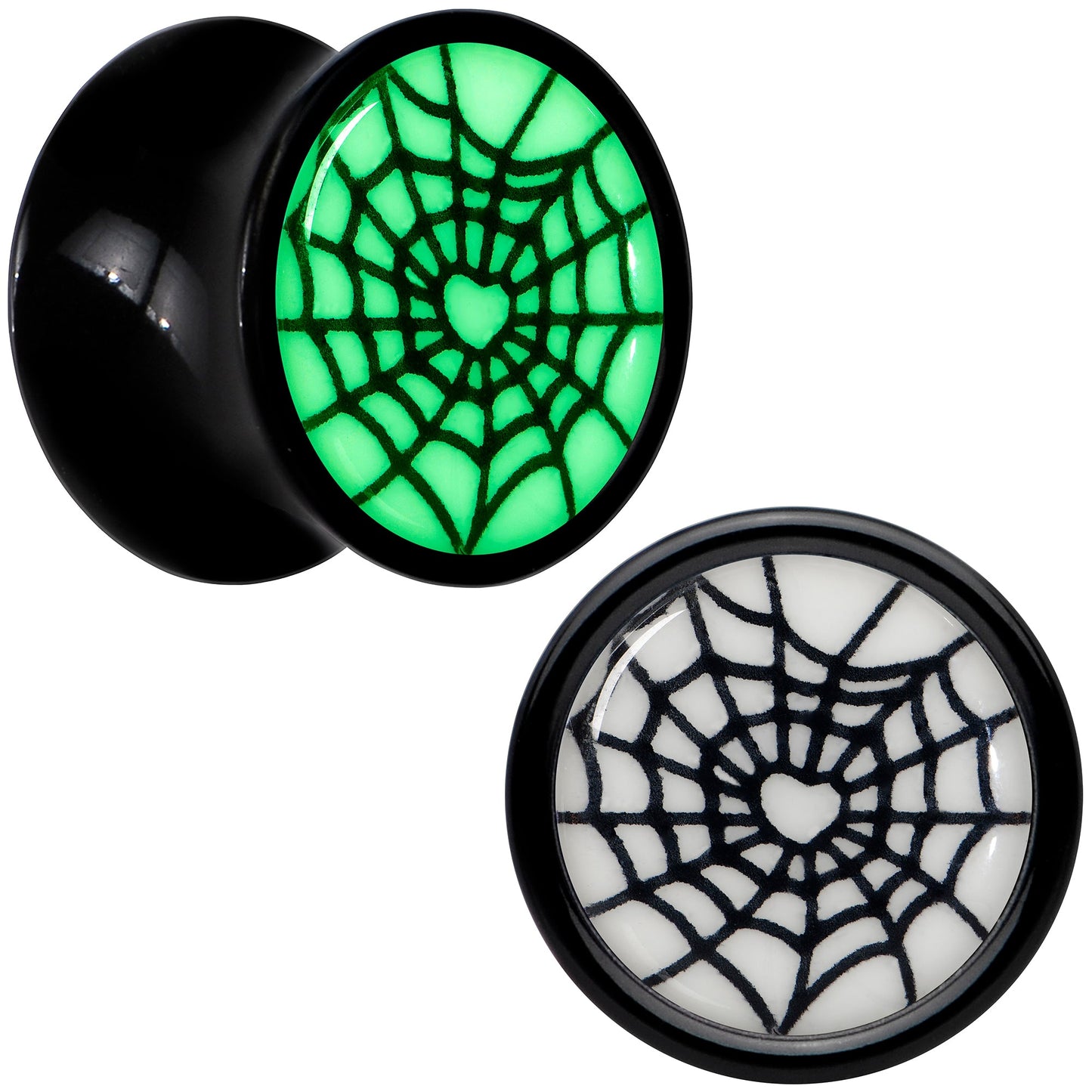 Black Acrylic Heart Spider Web Glow in the Dark Double Flare Plug Set by Onyx O