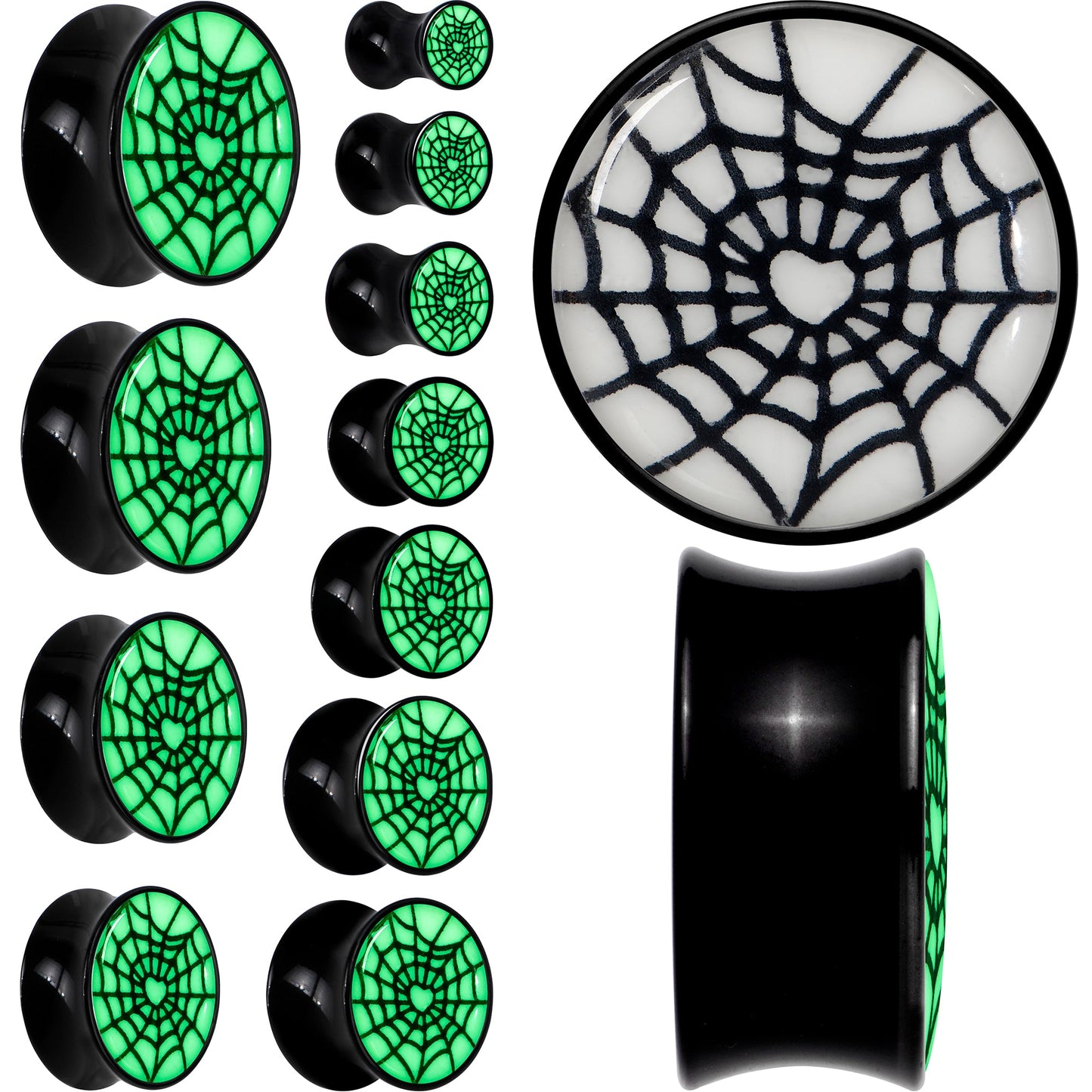 Black Acrylic Heart Spider Web Glow in the Dark Double Flare Plug Set by Onyx O