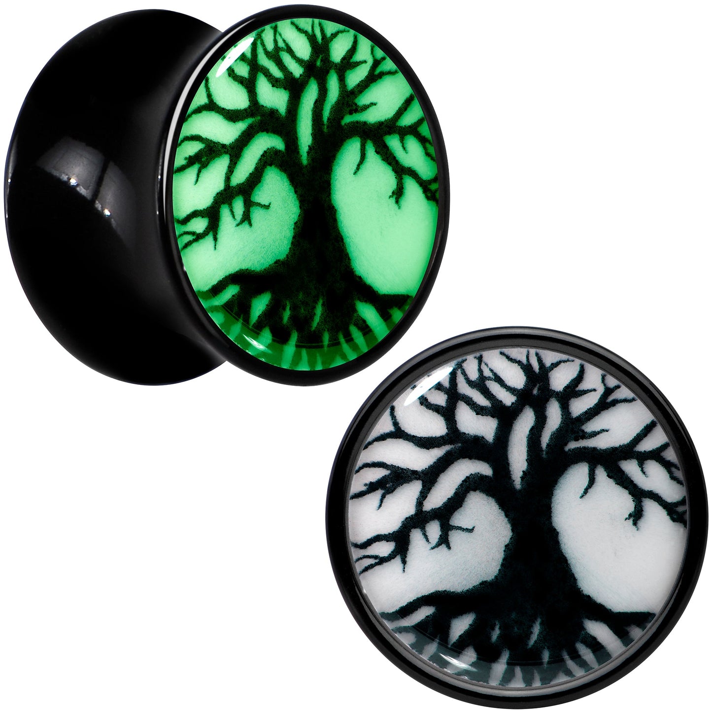 Black Acrylic Tree Of Life Glow in the Dark Double Flare Plug Set by Onyx O