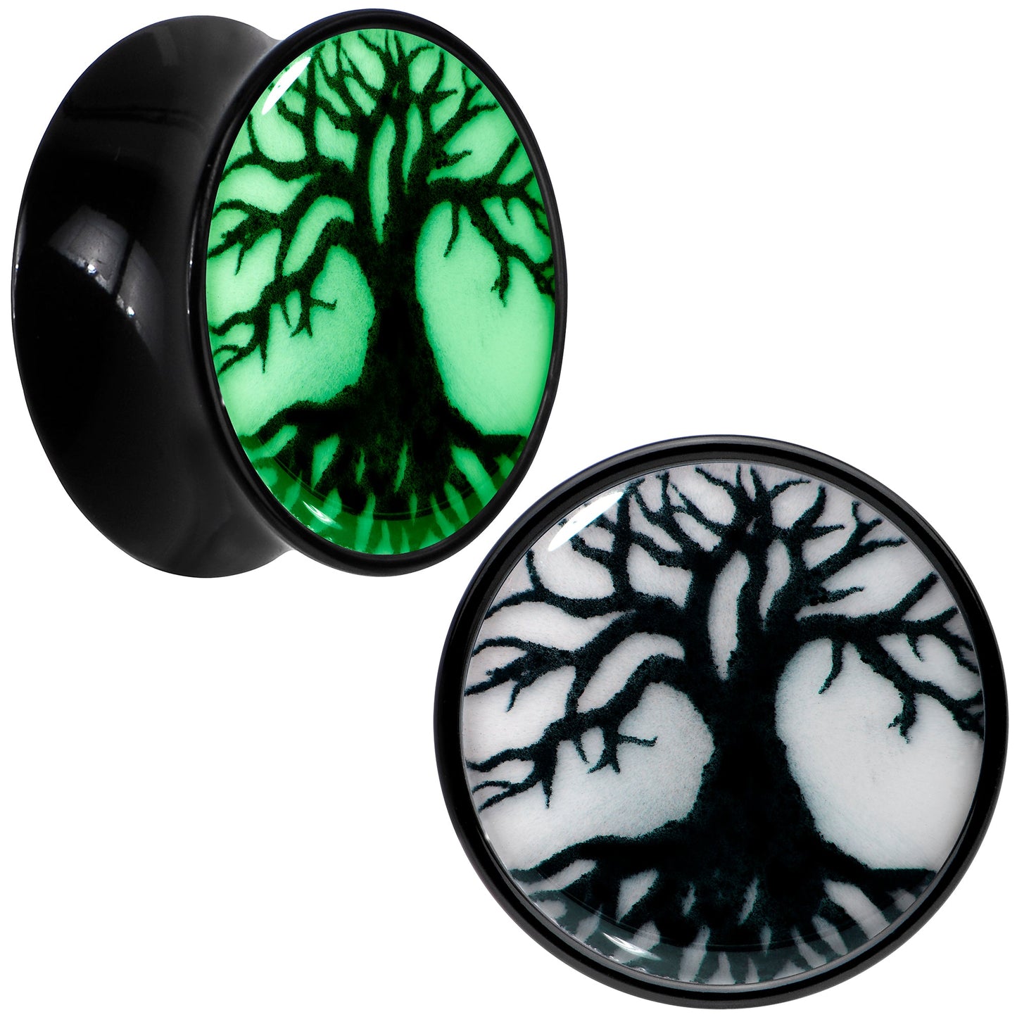 Black Acrylic Tree Of Life Glow in the Dark Double Flare Plug Set by Onyx O