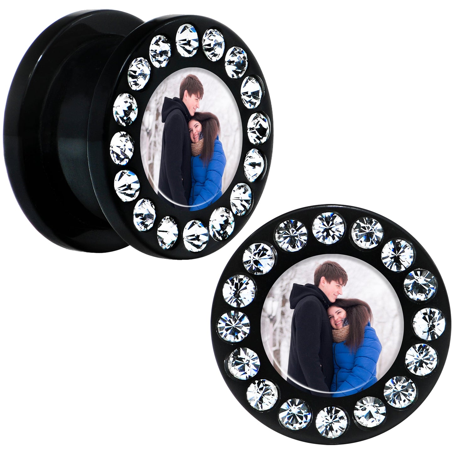 Black Acrylic Custom Photo Gem Screw Fit Plug - buy 2 for a pair