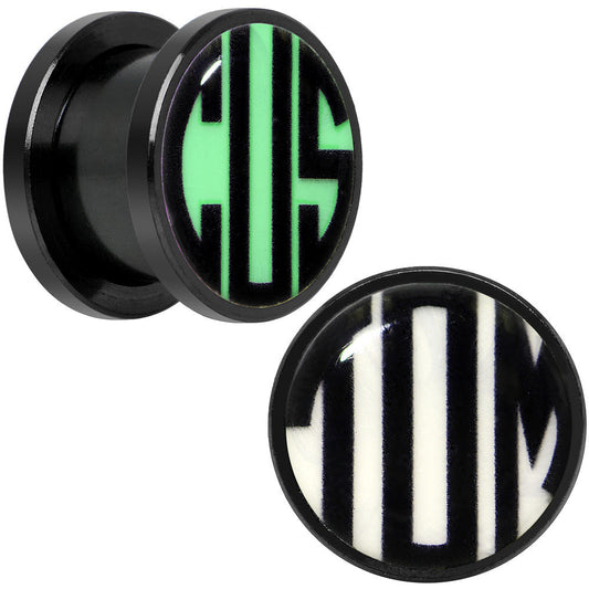 Black Glow in the Dark Custom Initial Screw Fit Plug Set - buy 2 for a pair