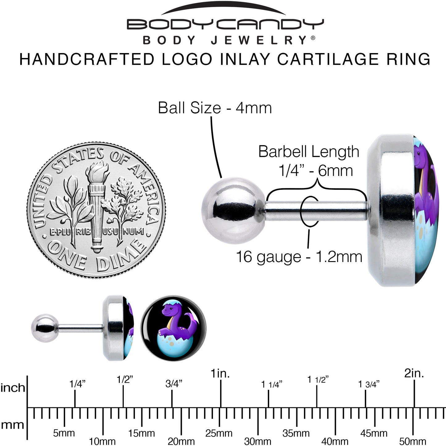 16G 1/4 Baby Dinosaur Cartilage Tragus Earring by Onyx O