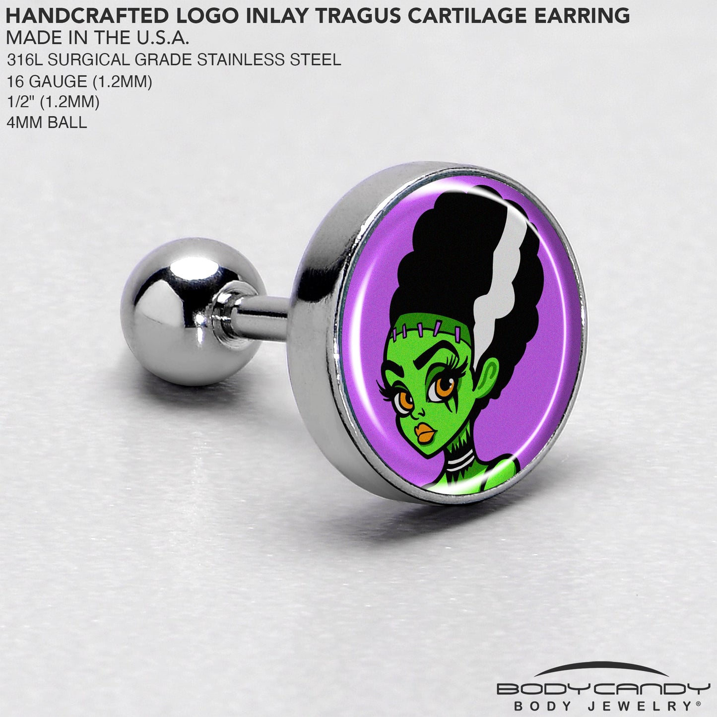 16G 1/4 Bride of Frankenstein Tragus Cartilage Earring by Onyx O