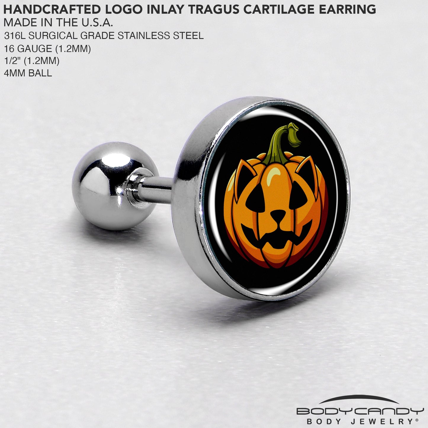 16G 1/4  Pumpkin Cat Jack-O-Lantern Tragus Cartilage Earring by Onyx O